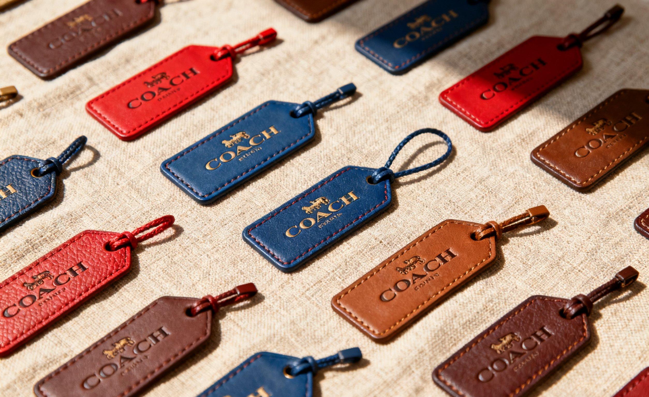 Assorted vintage coach hang tags displayed in different colors.